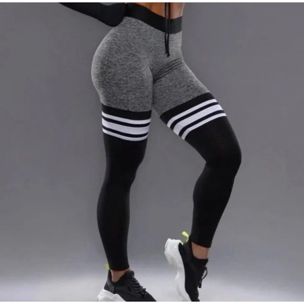 Bombshell Sportswear Thigh High Sock Leggings Black White Stripe Size Small